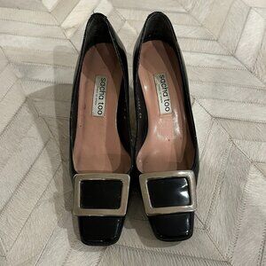Sascha Too Black Patent Leather Kitten Heels with Buckle